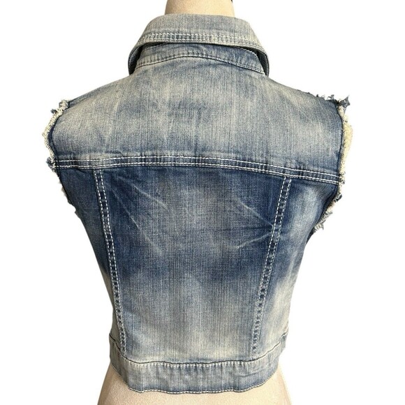 Miss Me Jean Denim Vest Rhinestone Sequin Cropped Frayed Seams Blue Western  M - Picture 8 of 10